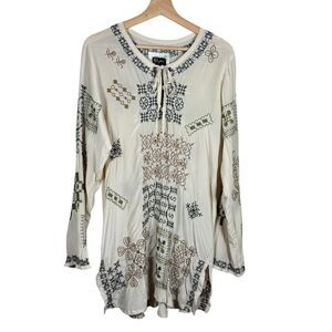 Johnny Was Biya Embroidered Tunic Top Size M Cream Beige Blouse Lightweight